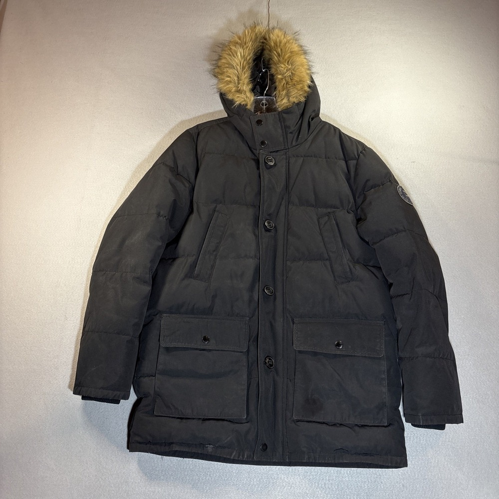 Tommy Hilfiger Black Down Coat Faux Fur Hood Mens Medium Parka Jacket Winter